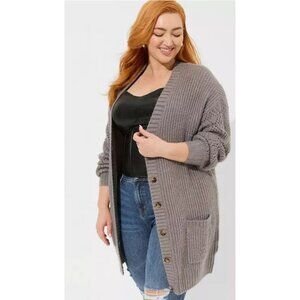 Torrid Gray Open Front Cardigan Sweater With Eyelet Sleeves & Pockets Size 00